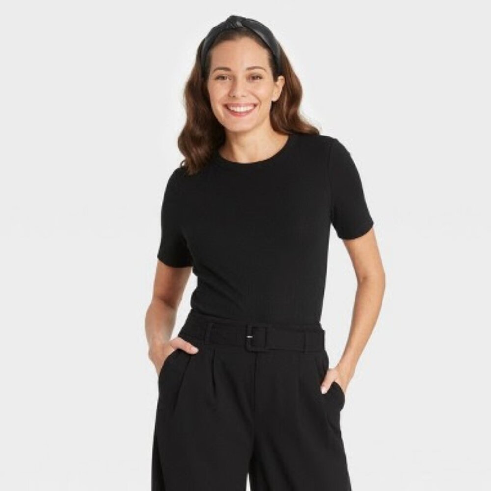 NWT Women's Short Sleeve Ribbed T-Shirt - A New Day Black XXL